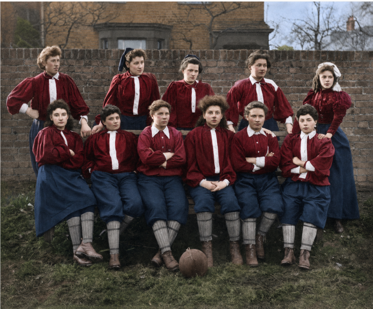 British Ladies Football Club North London Team 1895 — Match day photograph, Crouch End Athletic Ground, colourised