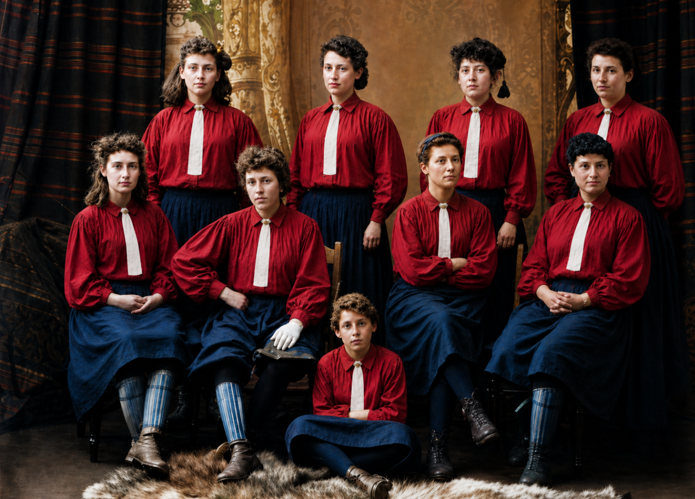 British Ladies Football Club North London Team 1895 — Colourised · Dark red blouses · R. Barrass, Newcastle