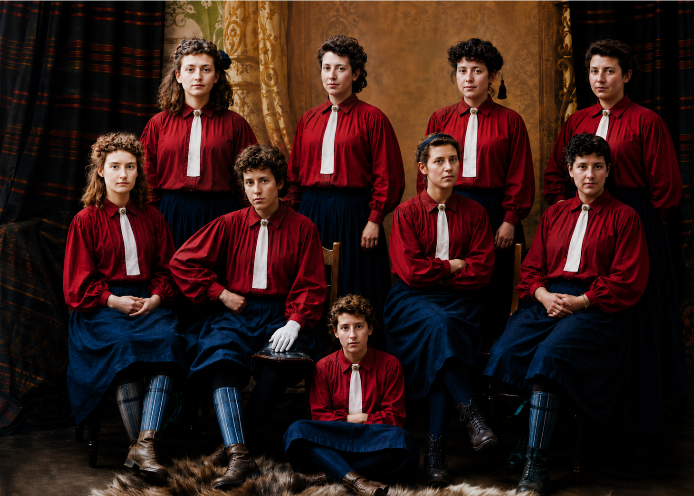 British Ladies Football Club North London Team 1895 — Colourised · Dark red blouses · R. Barrass, Newcastle