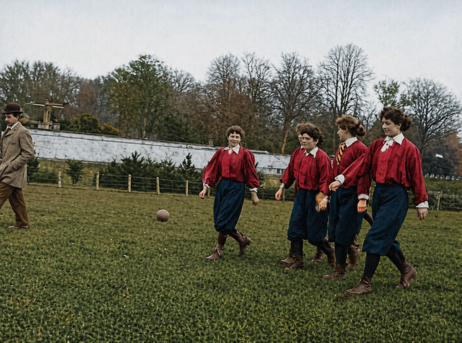 The North team takes the field, Loakes Park, Wycombe, 11th November 1895 — colourised photograph