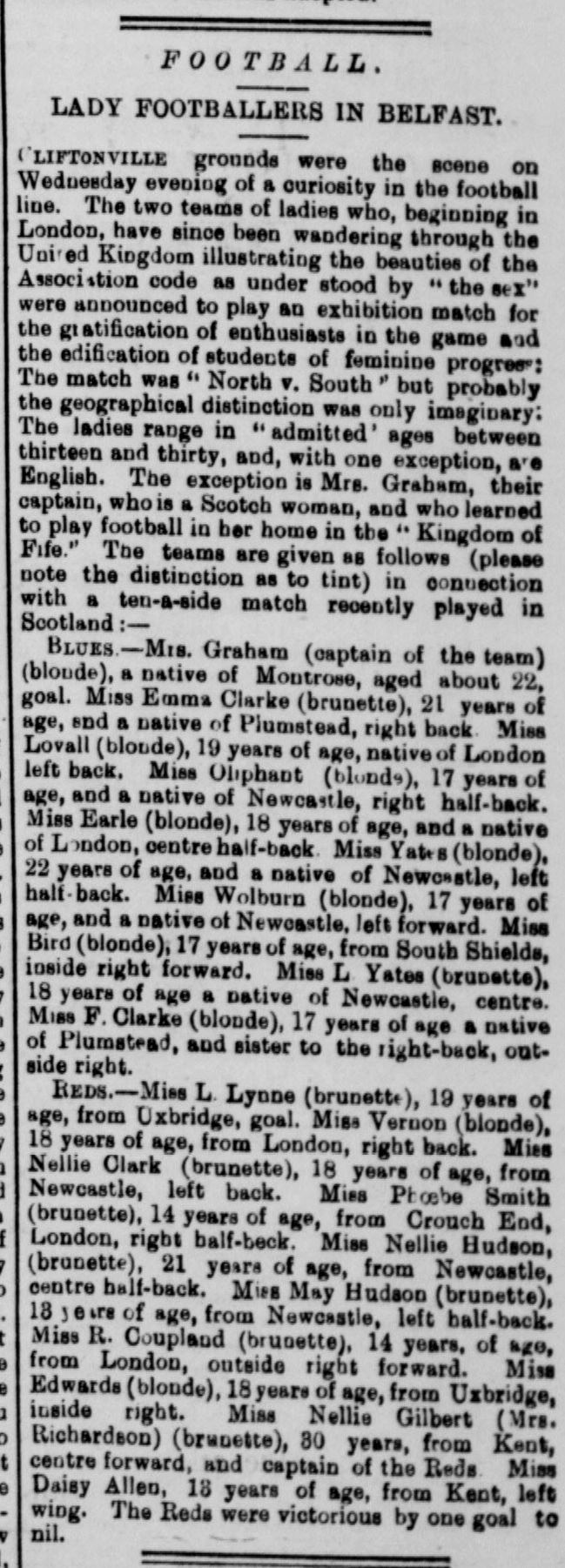 Banbridge Chronicle, 22 June 1895 — Reds lineup naming Nellie and May Hudson