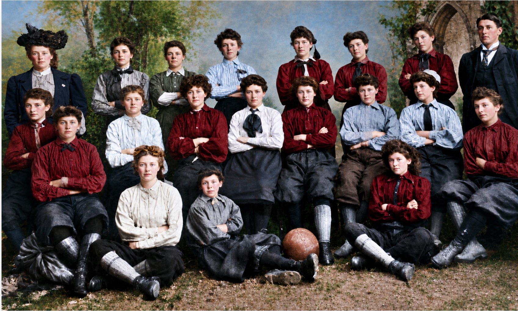The British Ladies Football Club — Burnham, Autumn 1895 — colourised outdoor group photograph