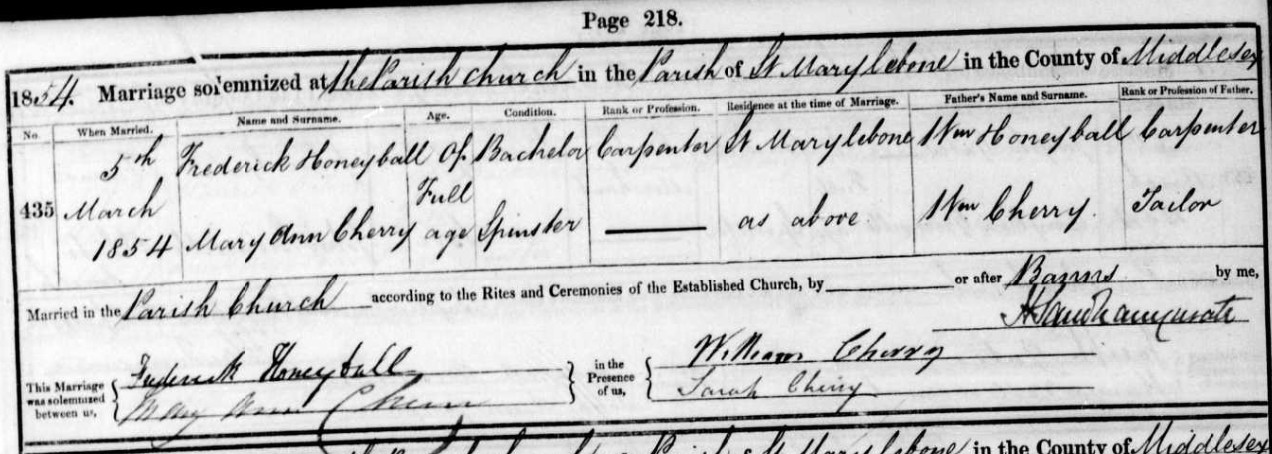 Church marriage record, Frederick Honeyball and Mary Ann Cherry, 5th March 1854, St Marylebone
