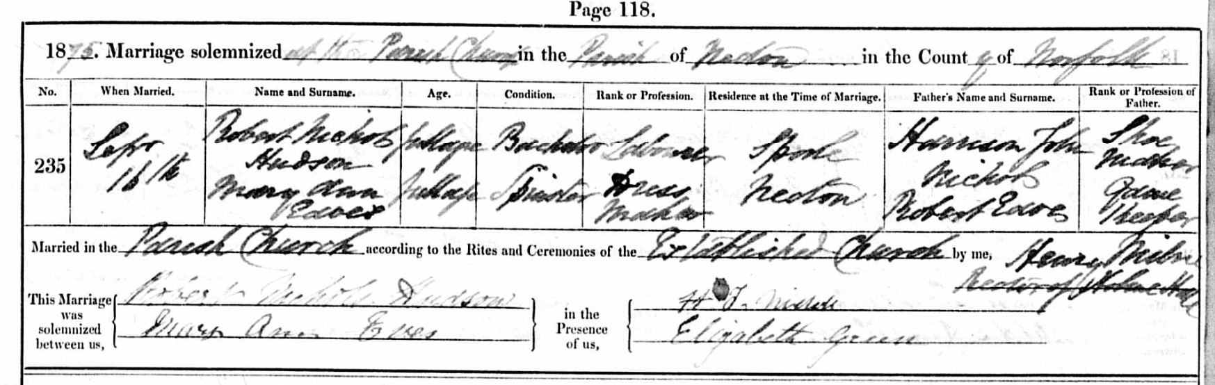 Marriage certificate, Robert Nichols Hudson and Mary Ann Eaves, Necton Parish Church, Norfolk, 16 September 1875