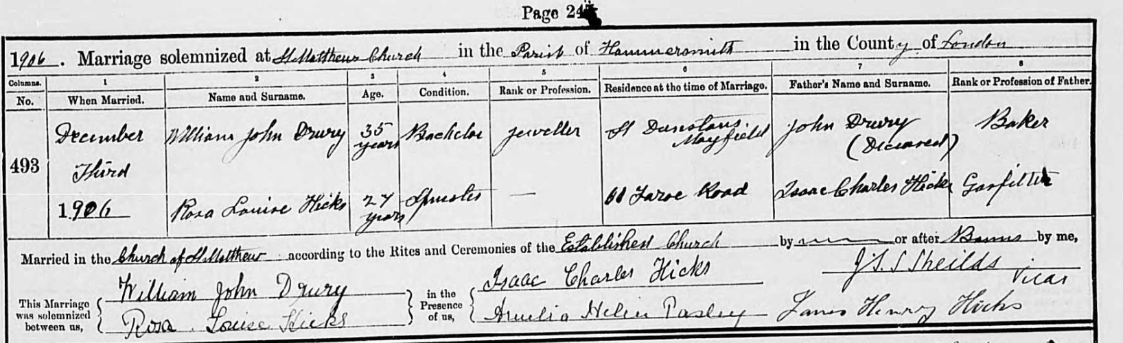 Church Marriage Record — Rosa Louise Hicks and William John Drury, 3rd December 1906