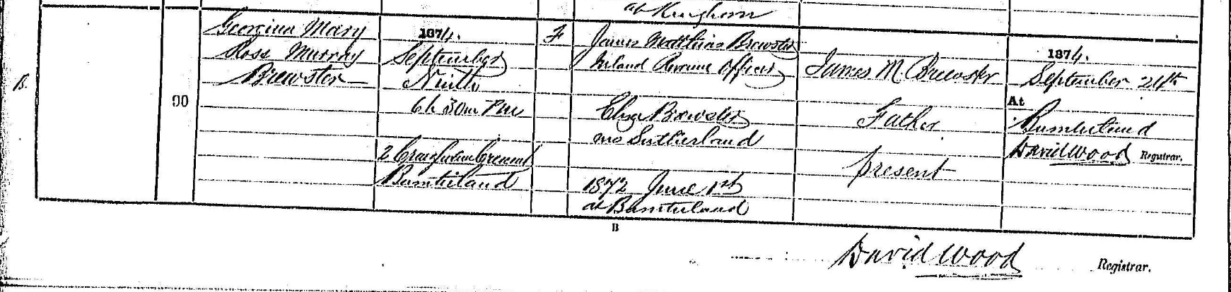 Civil Birth Certificate Georgina Mary Rose Murray Brewster 1874 Burntisland
