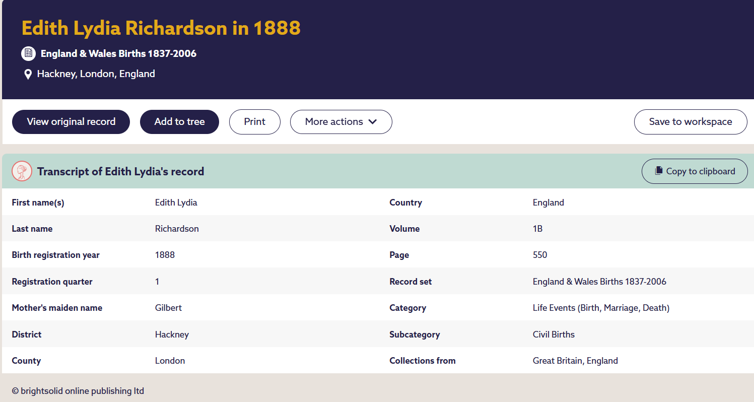 Civil Birth Record Edith Lydia Richardson Q1 1888 Hackney