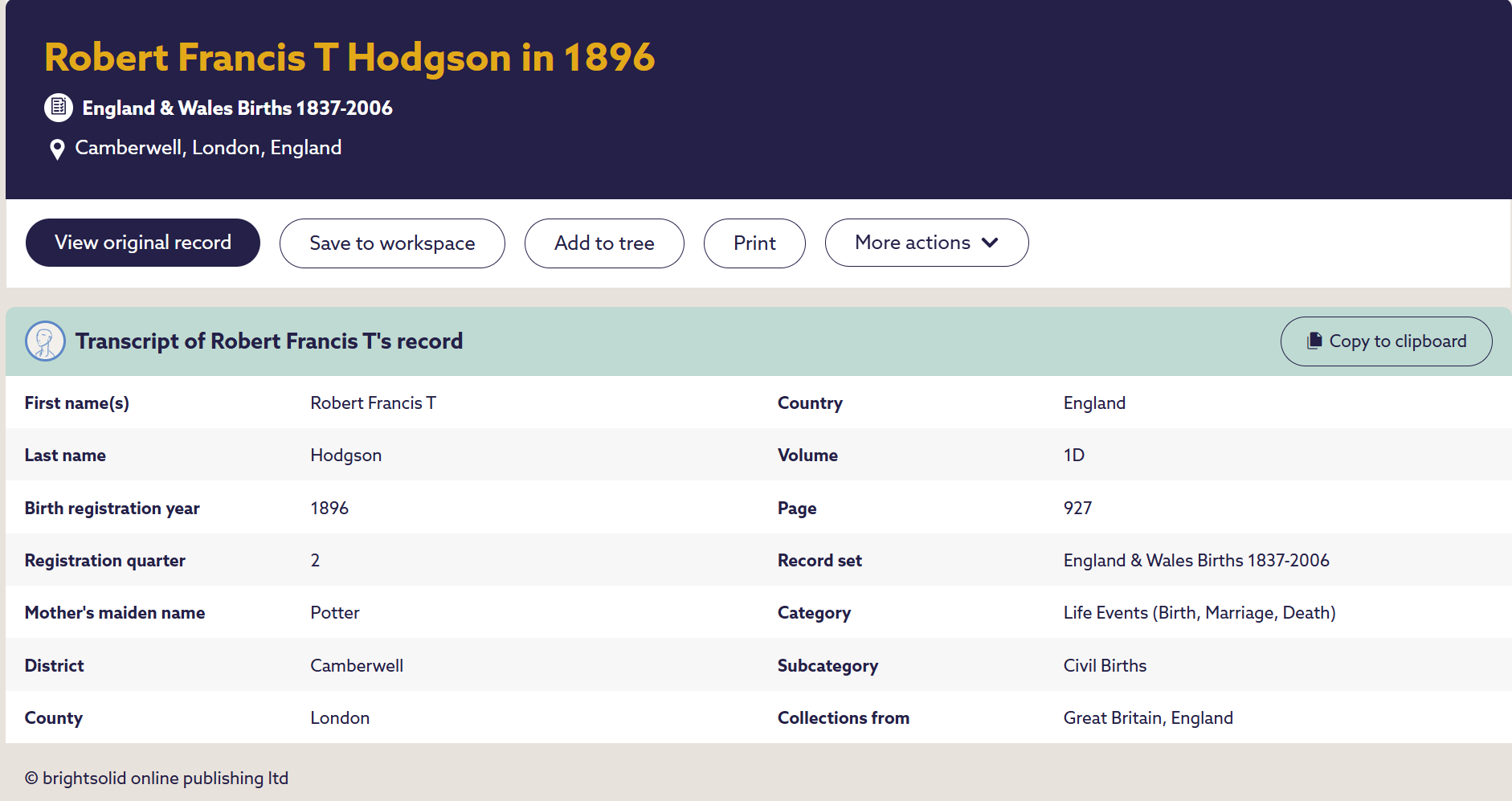 Civil birth record Robert Francis T Hodgson 1896 Camberwell mother's maiden name Potter