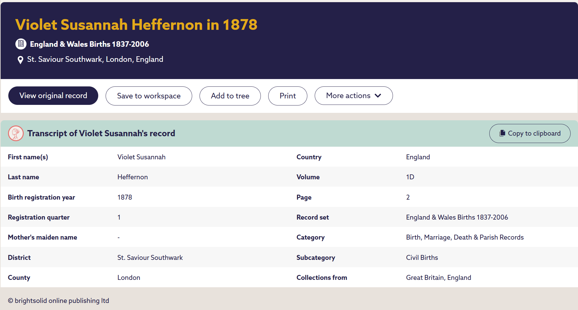 Civil Birth Record Violet Susannah Heffernon Q1 1878