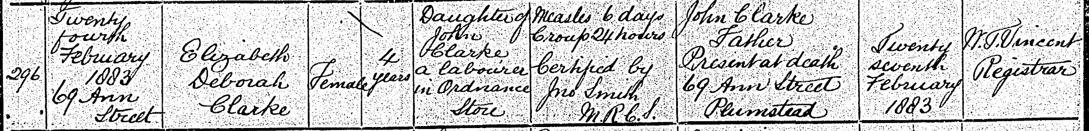 Civil Death Certificate Elizabeth Deborah Clarke 1883 Plumstead measles