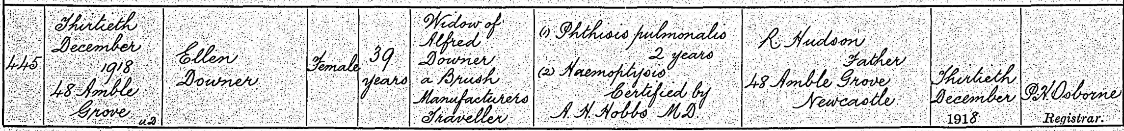 Death certificate, Ellen Downer née Hudson, 30 December 1918, Newcastle upon Tyne