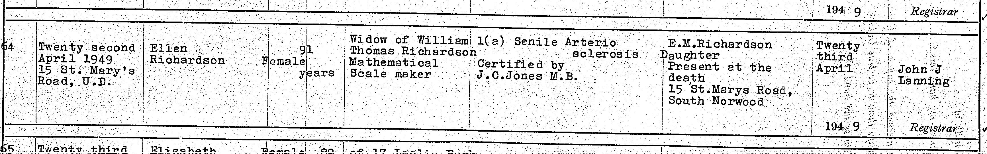 Civil Death Certificate Ellen Richardson née Gilbert 1949