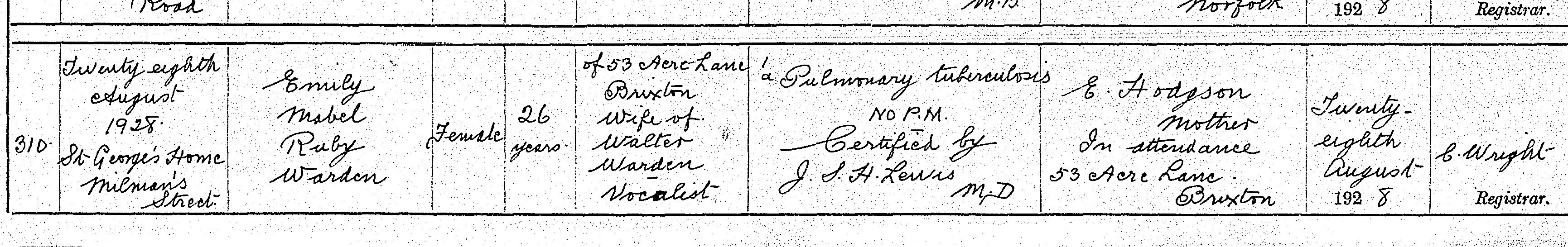 Civil death certificate Emily Mabel Ruby Warden née Hodgson 1928 pulmonary tuberculosis