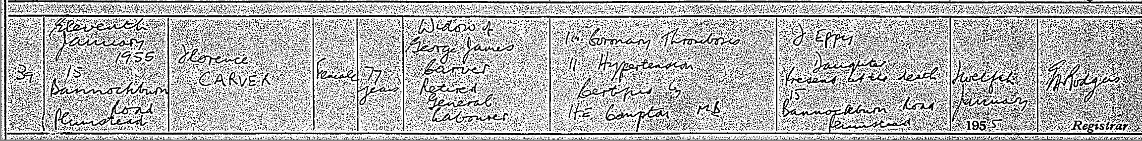 Civil Death Certificate Florence Clarke Carver 1955 Plumstead