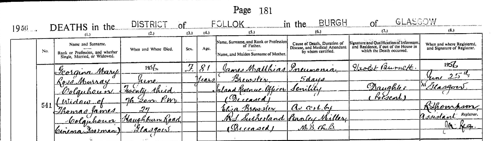 Civil Death Certificate Georgina Mary Rose Murray Colquhoun 1956