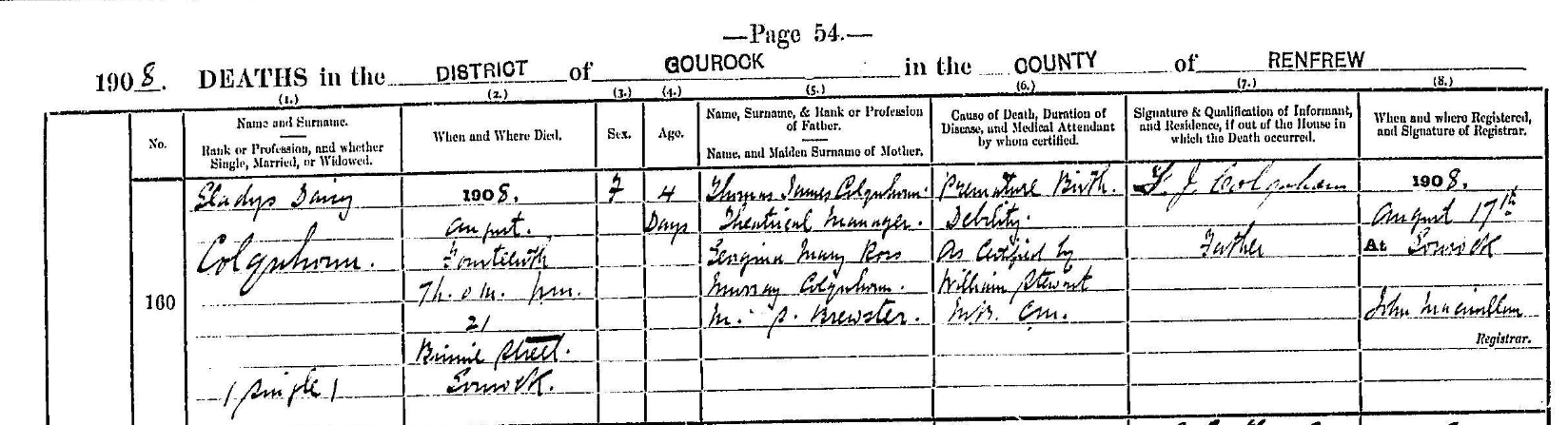 Civil Death Record Gladys Daisy Colquhoun 1908