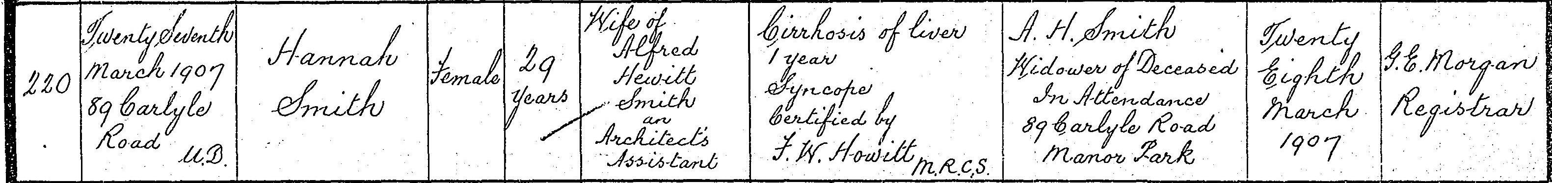 Civil Death Certificate Hannah Oliphant Smith 27th March 1907 Manor Park