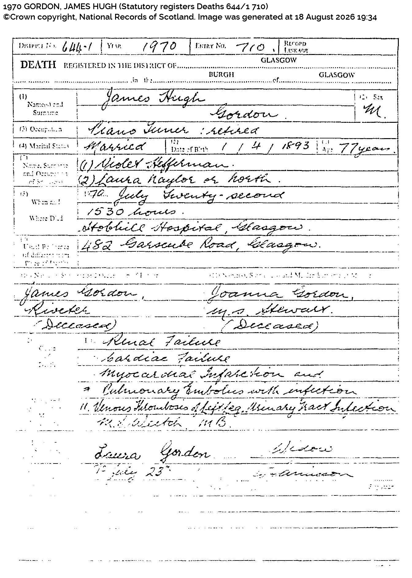 Civil Death Certificate James Hugh Gordon July 22nd 1970 Glasgow