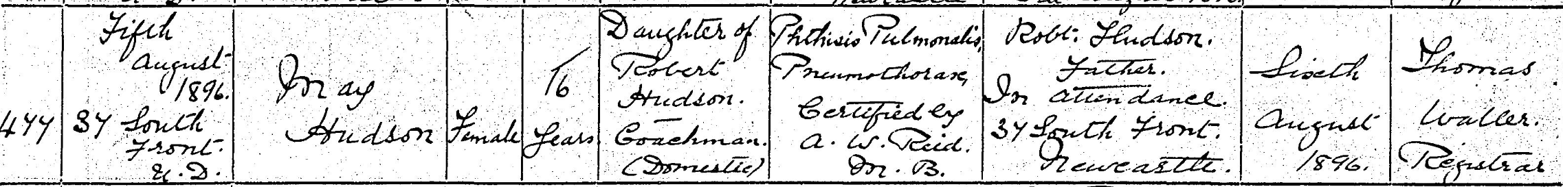 Death certificate, May Hudson, 5 August 1896, Newcastle upon Tyne