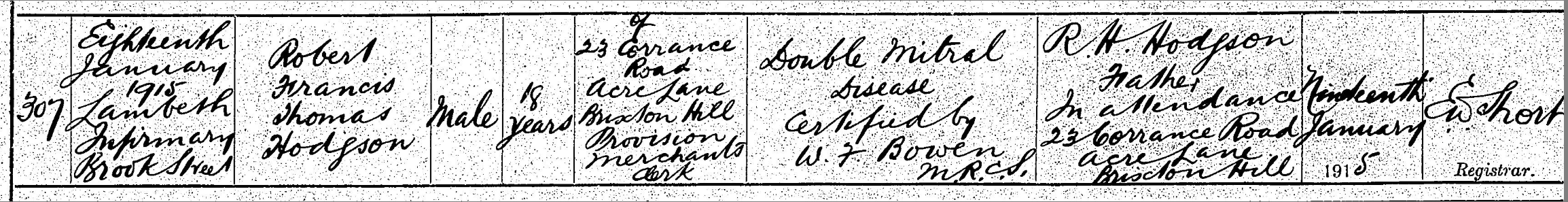Civil death certificate Robert Francis Thomas Hodgson 1915 double mitral disease