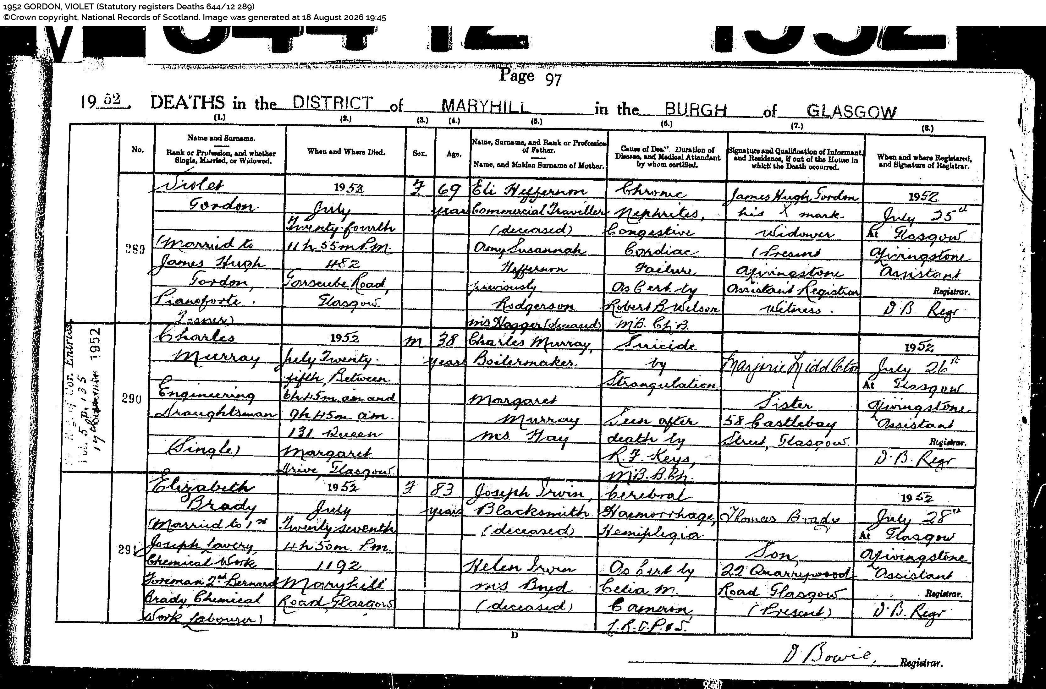Civil Death Certificate Violet Heffernon Gordon July 24th 1952 Glasgow