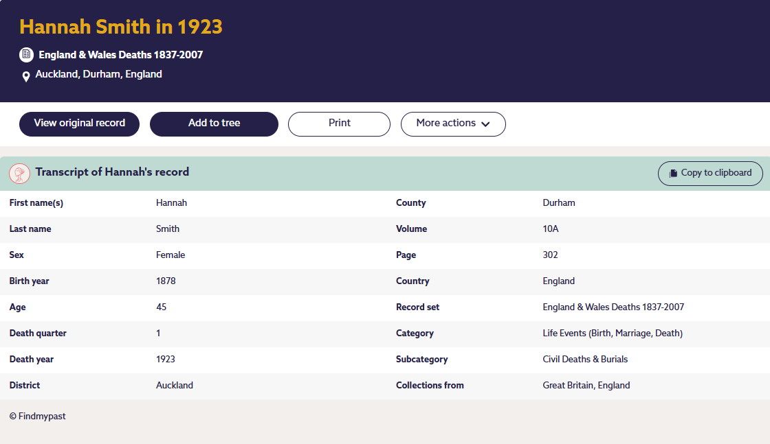 Civil Death Record transcript Hannah Oliphant-Smith Q1 1923