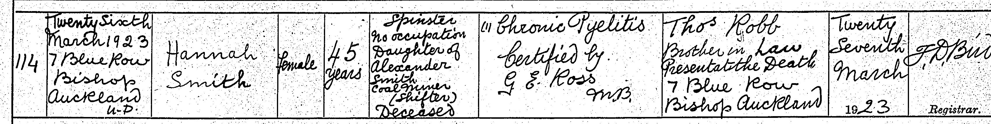 Civil Death Record Hannah Smith Bishop Auckland March 26th 1923