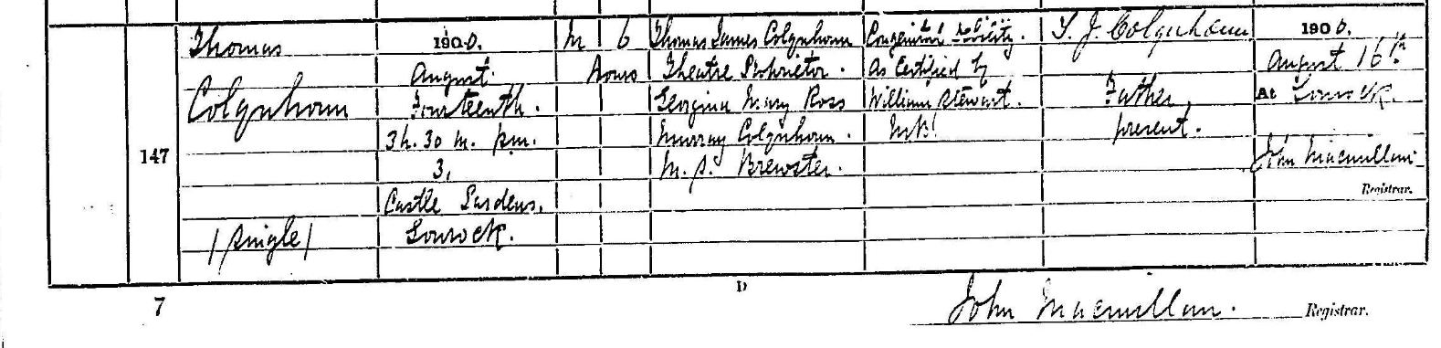 Civil Death Record Thomas Colquhoun 1900