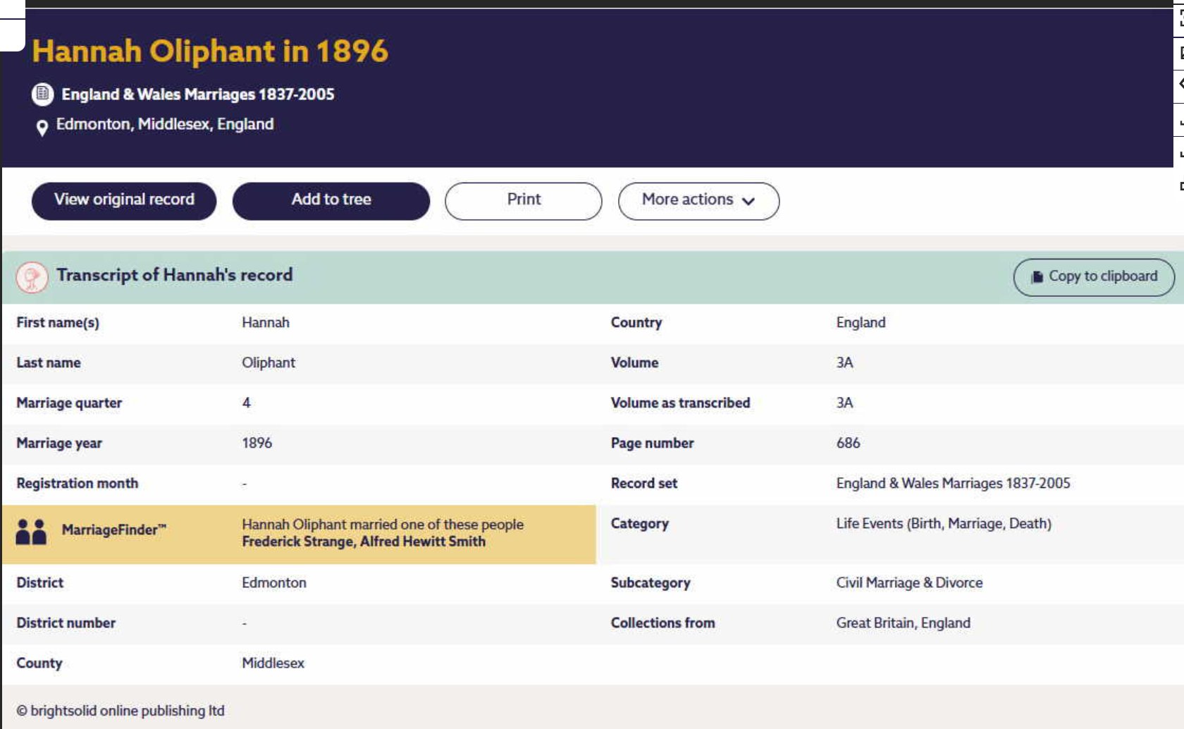 Civil Marriage Record Hannah Oliphant Alfred Hewitt Smith Q4 1896 Edmonton