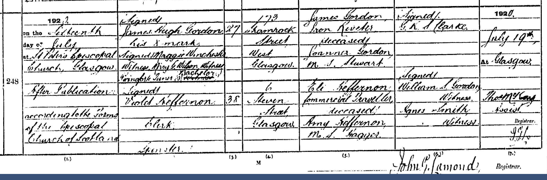 Civil Marriage Record Violet Heffernon and James Gordon July 16th 1920 Glasgow