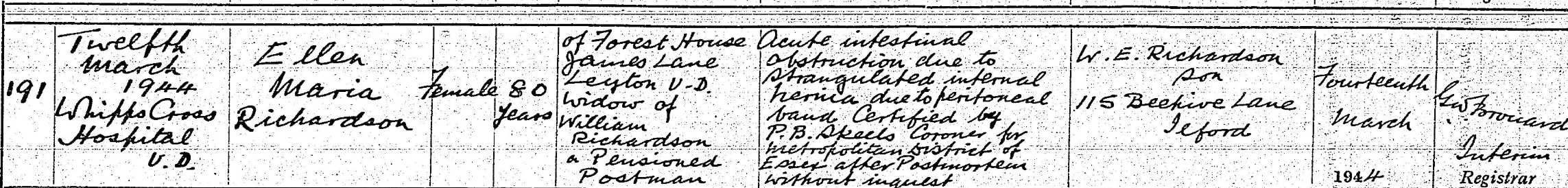 Death record of Ellen Maria Richardson, 12th March 1944, Whipps Cross Hospital, Leyton