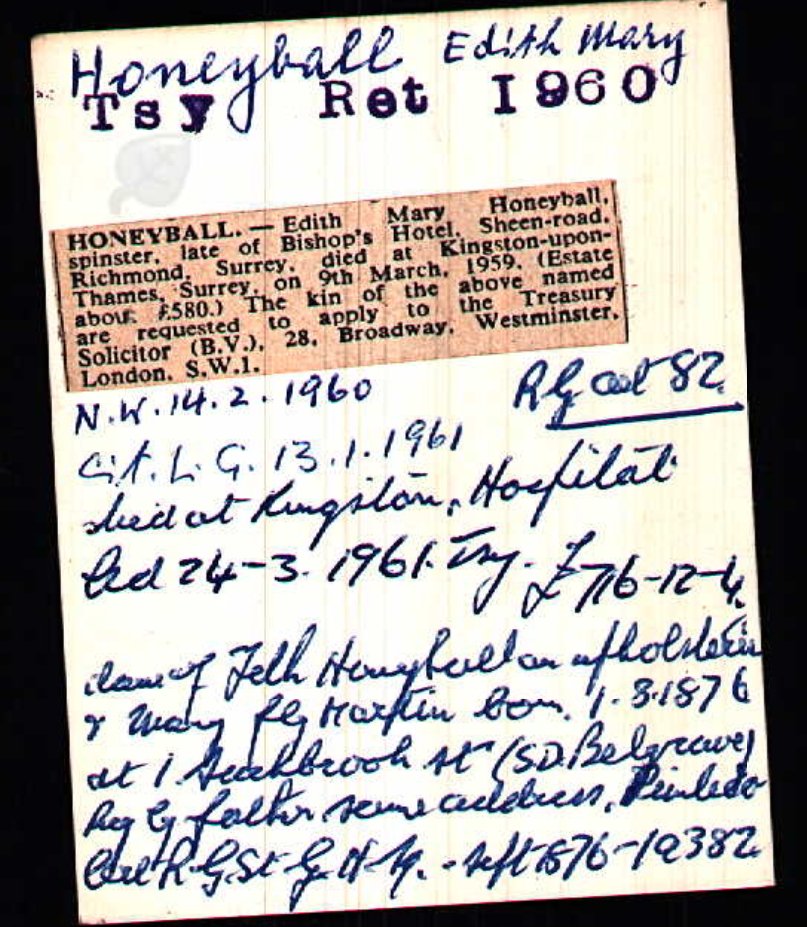 Estate card for Edith Mary Honeyball, sister of Nellie Honeyball, died March 1959