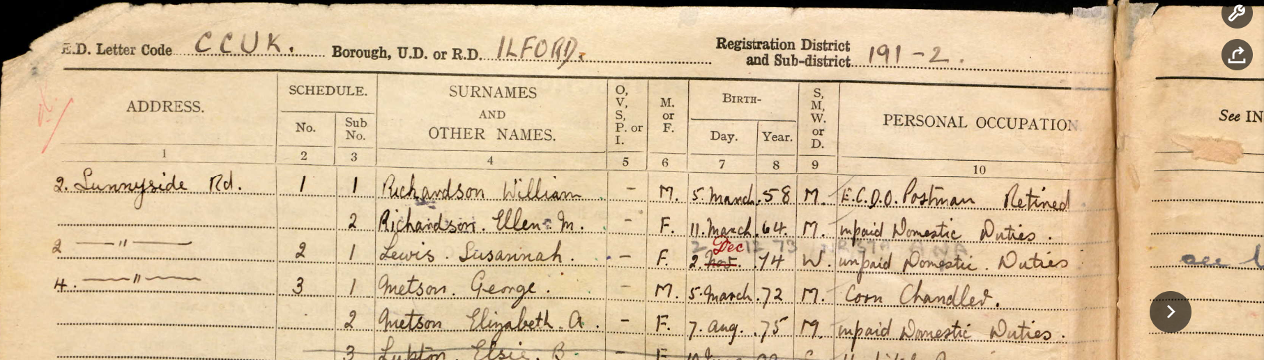 Ellen Gilbert Richardson 1939 Register Ilford Sunnyside Road