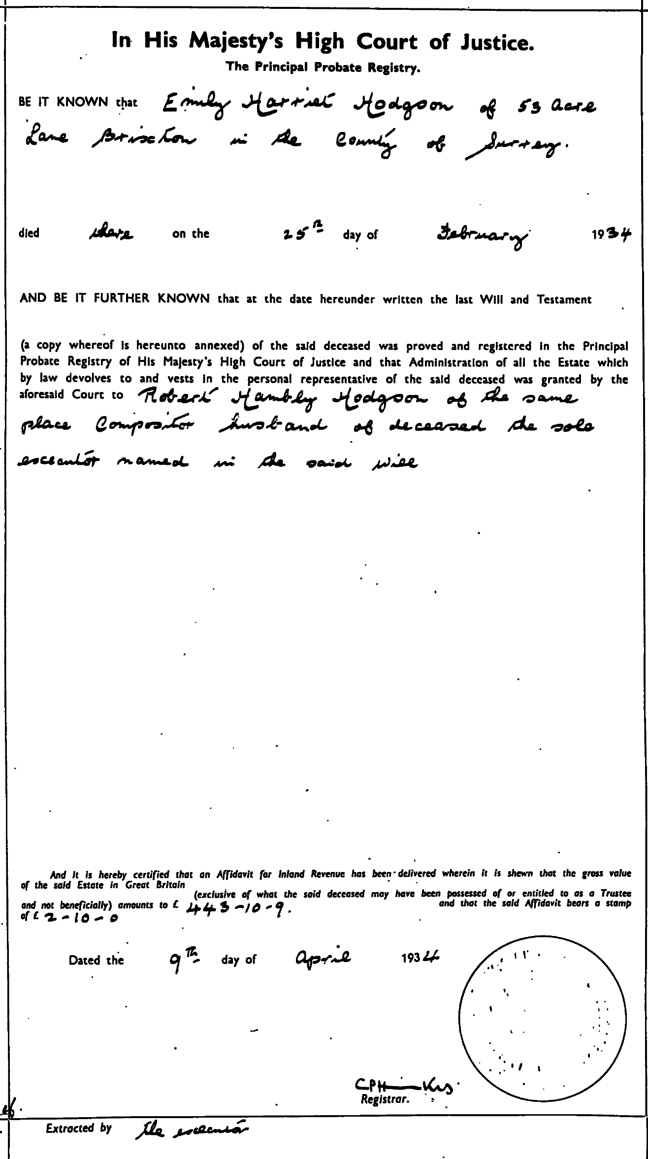 Probate grant Emily Harriet Hodgson 1934 Principal Probate Registry