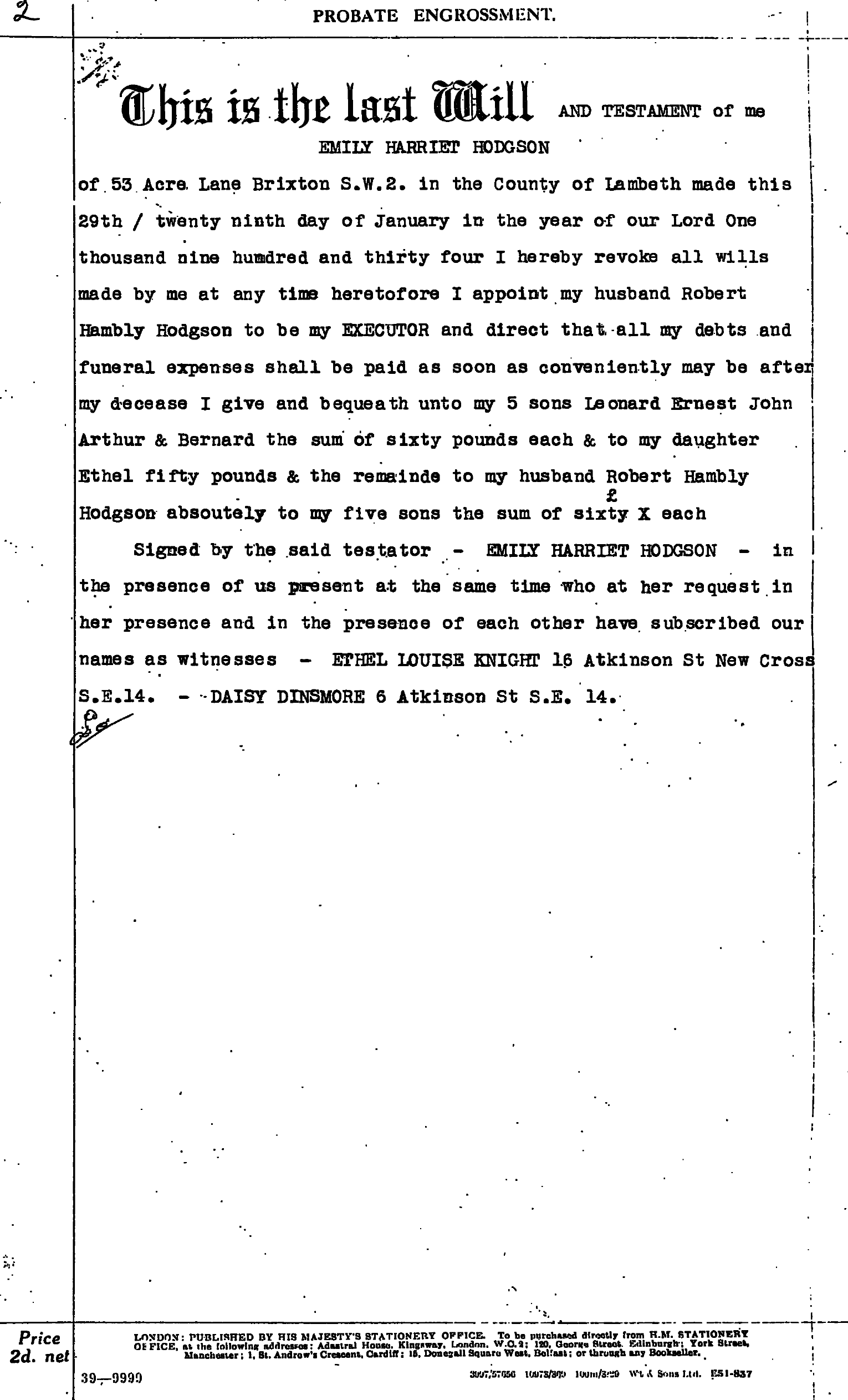 Last will and testament Emily Harriet Hodgson 1934 signed 29 January 1934