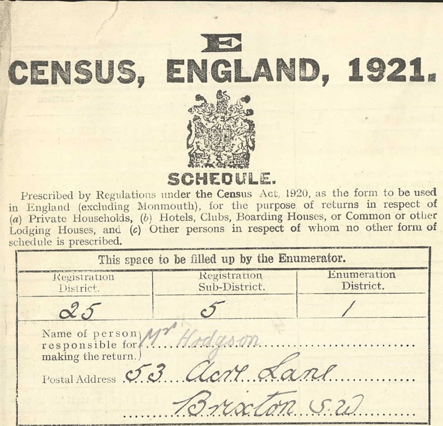 1921 Census schedule cover Mr Hodgson 53 Acre Lane Brixton