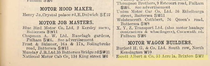 Post Office Directory 1920 Escott Albert and Co 53 Acre Lane Brixton motor wagon builders