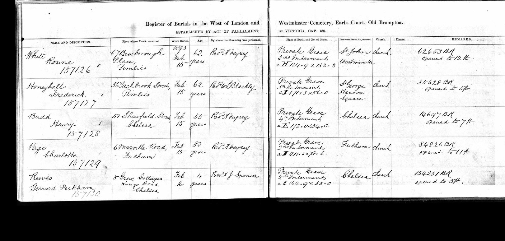 Register of Burials entry for Frederick Honeyball, 15 February 1893, West of London and Westminster Cemetery, Earl's Court, Old Brompton