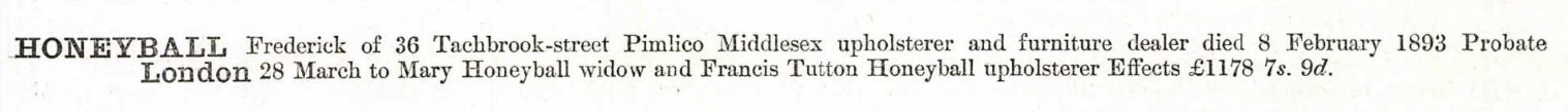 Probate calendar entry for Frederick Honeyball, granted 28 March 1893
