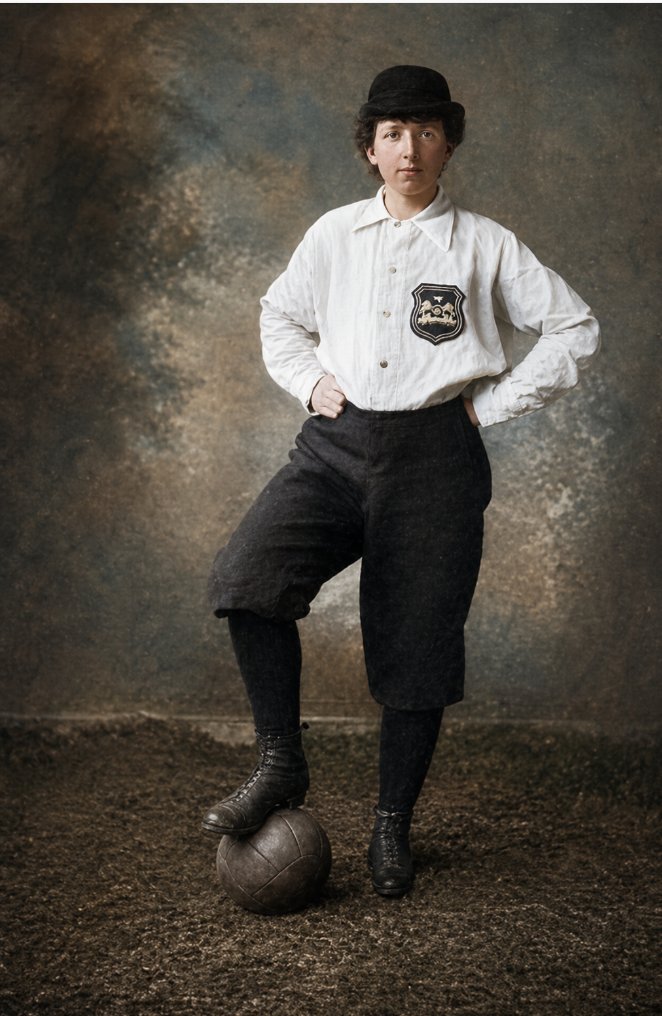 Helen Jane Matthew in football kit, 1895 — badge visible on blouse