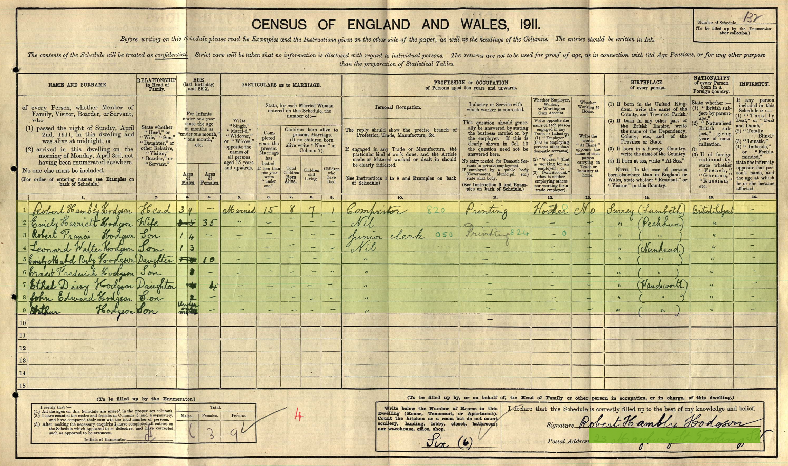1911 Census Hodgson family household 23 Maybury Street Tooting
