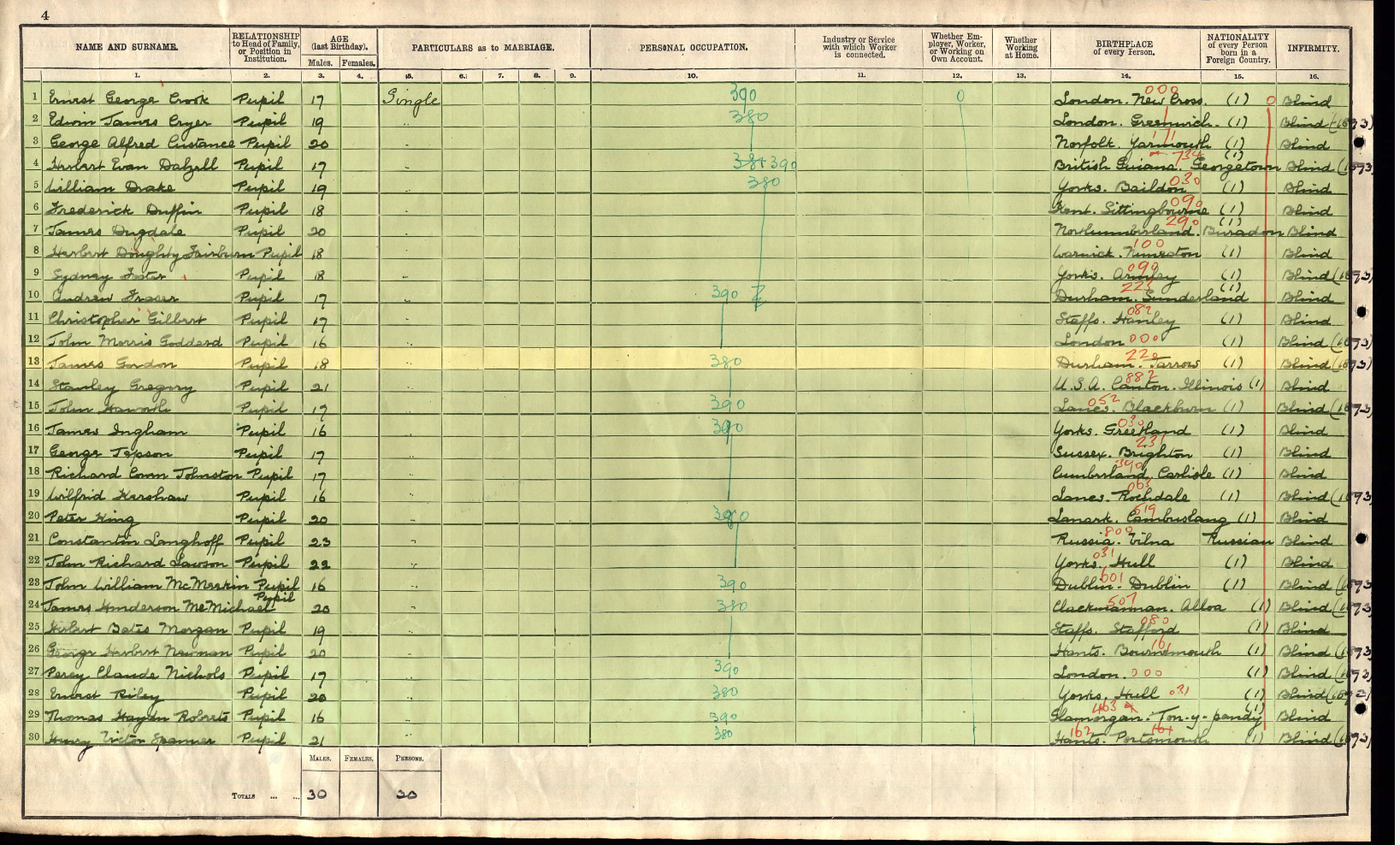 1911 Census James Hugh Gordon Royal Normal College For The Blind Upper Norwood