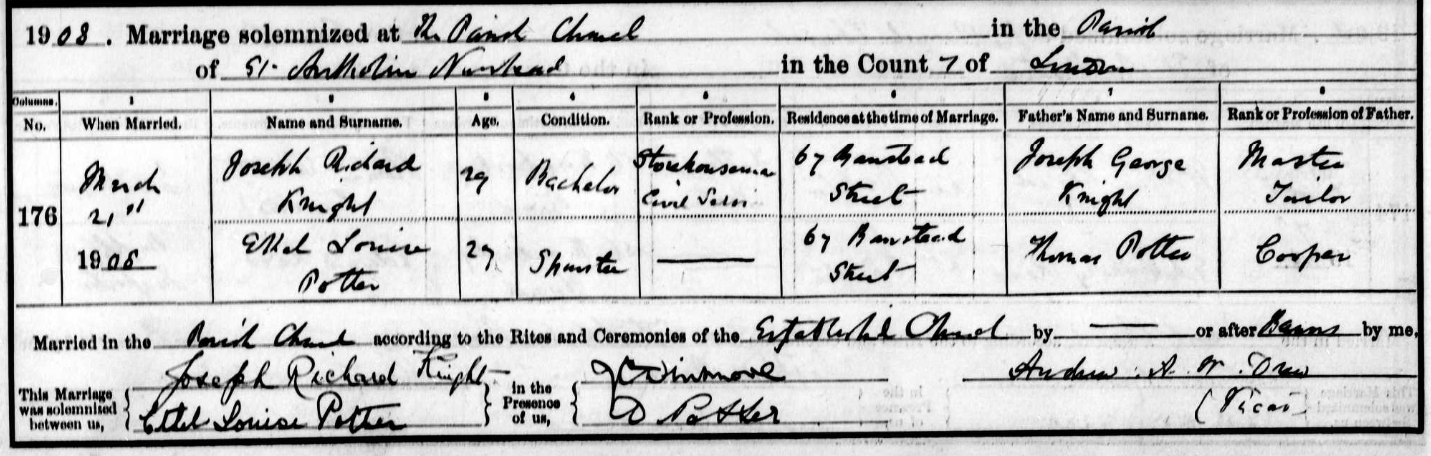 Marriage register entry Ethel Louisa Potter and Joseph Richard Knight 21 March 1908 St Antholin Nunhead