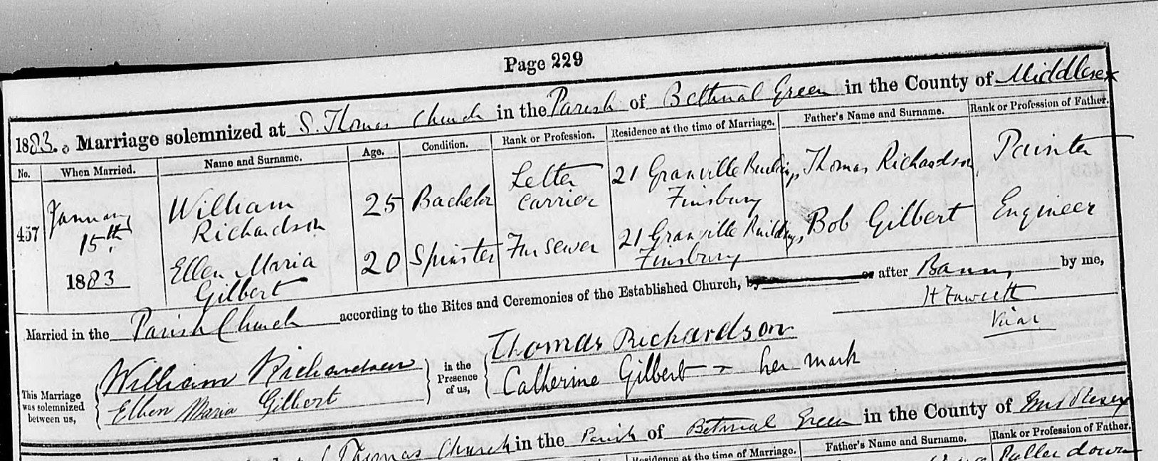 Marriage record of William Richardson and Ellen Maria Gilbert, 15th January 1883, Bethnal Green St Thomas