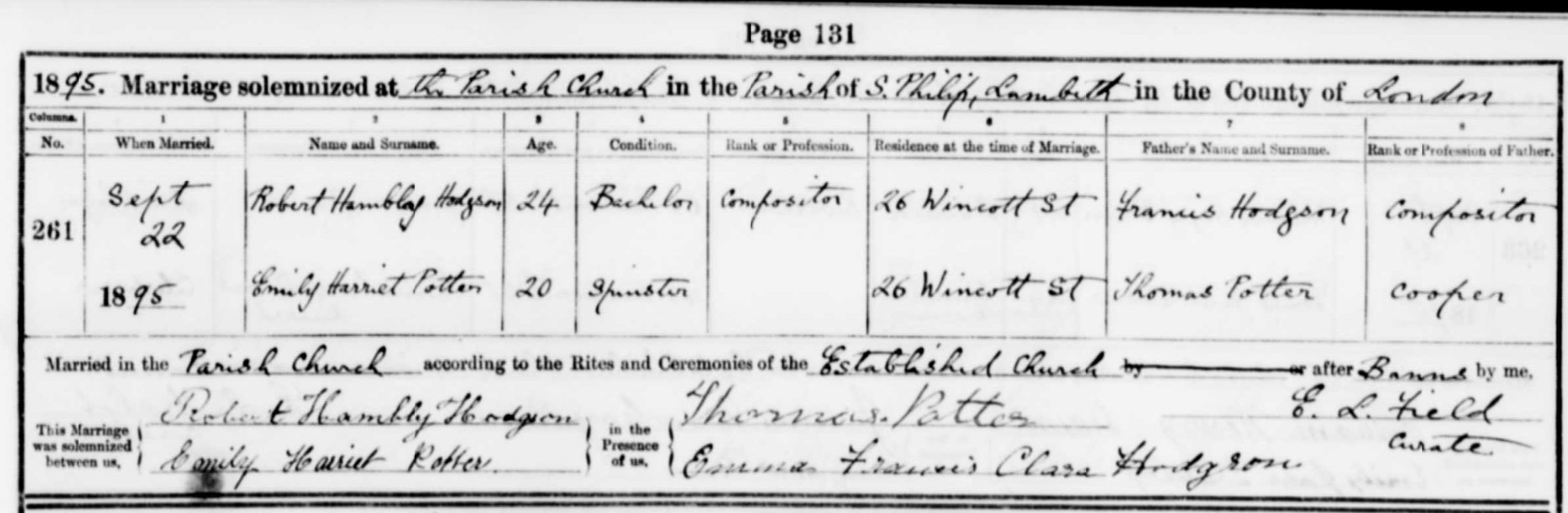 Marriage register entry Robert Hambly Hodgson and Emily Harriet Potter 22 September 1895 St Philip Lambeth