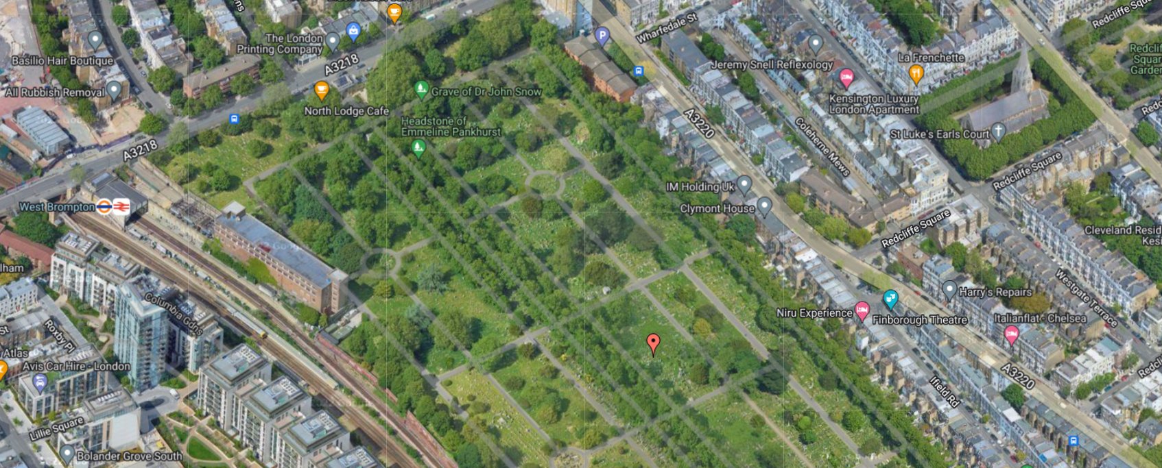 Location of Nellie Honeyball's grave, Old Brompton Cemetery, London