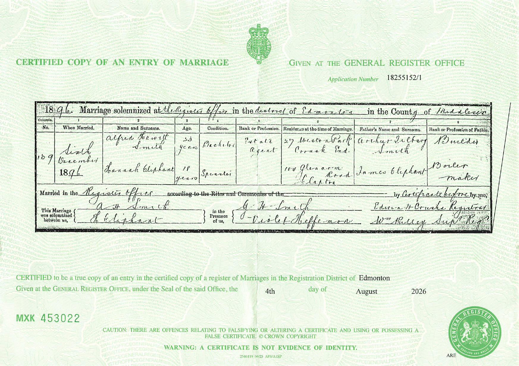 GRO Certified Copy of an Entry of Marriage — Hannah Oliphant and Alfred Hewitt Smith, 6th December 1896, Edmonton, Middlesex