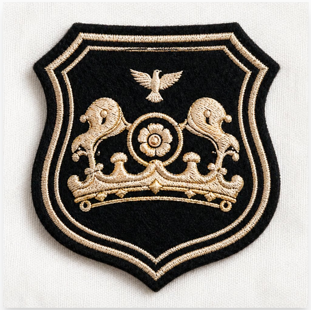 Rendition of the badge on Helen Matthew's blouse — crown, rosette, dove