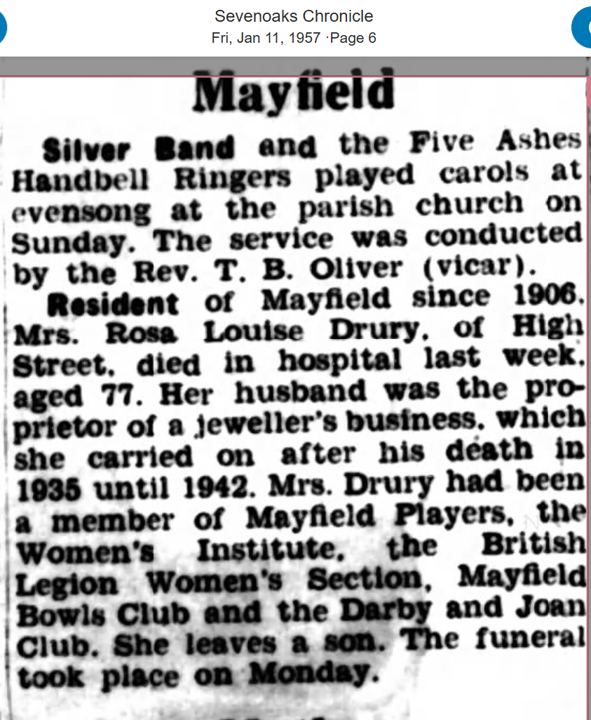 Obituary of Rosa Louise Drury, Sevenoaks Chronicle, 11th January 1957