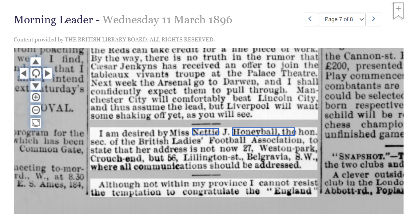 Morning Leader 11 March 1896 — Nettie Honeyball address notice